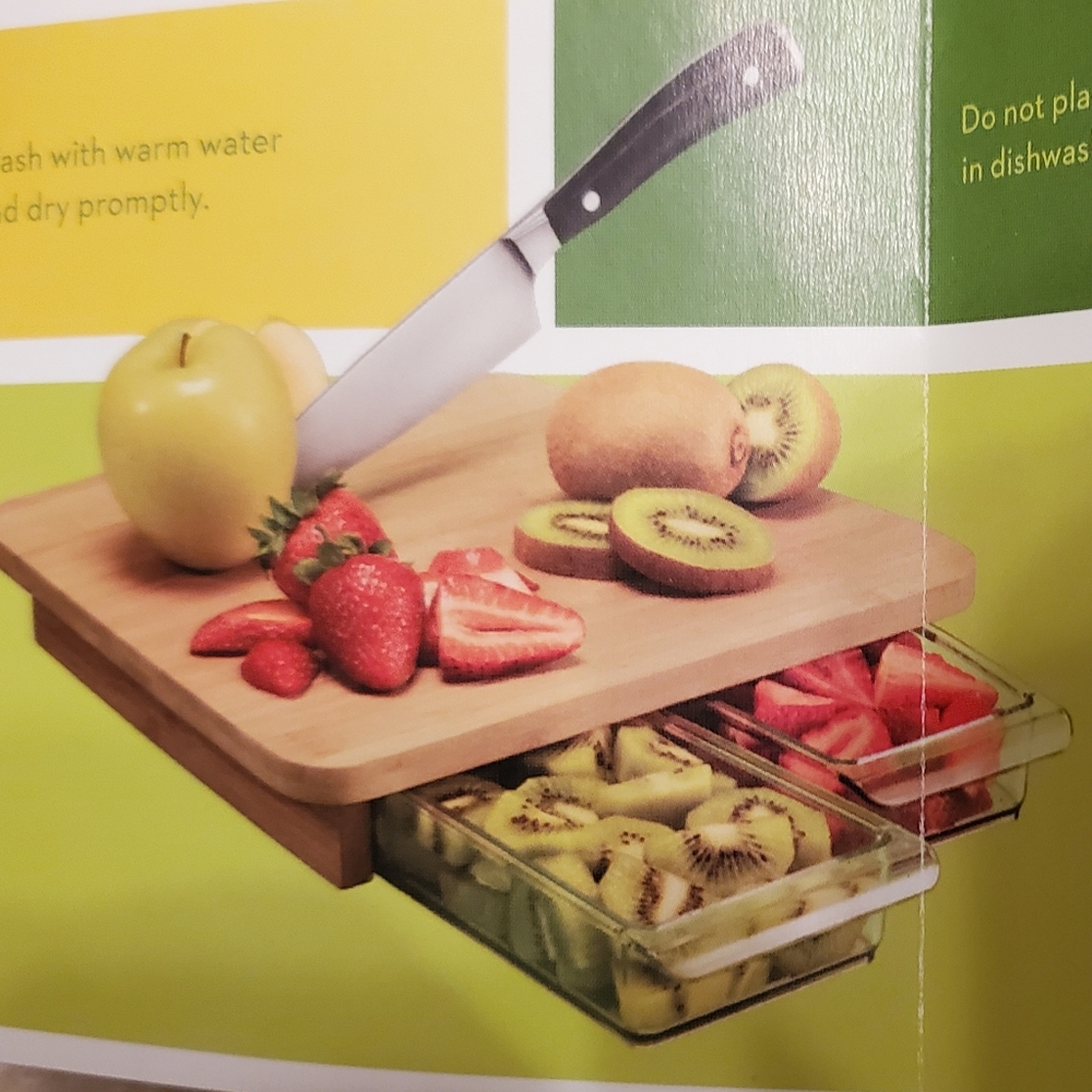 Wood Meal Prep Set Cutting Board plus 2 Built In Storage Drawers NWOT